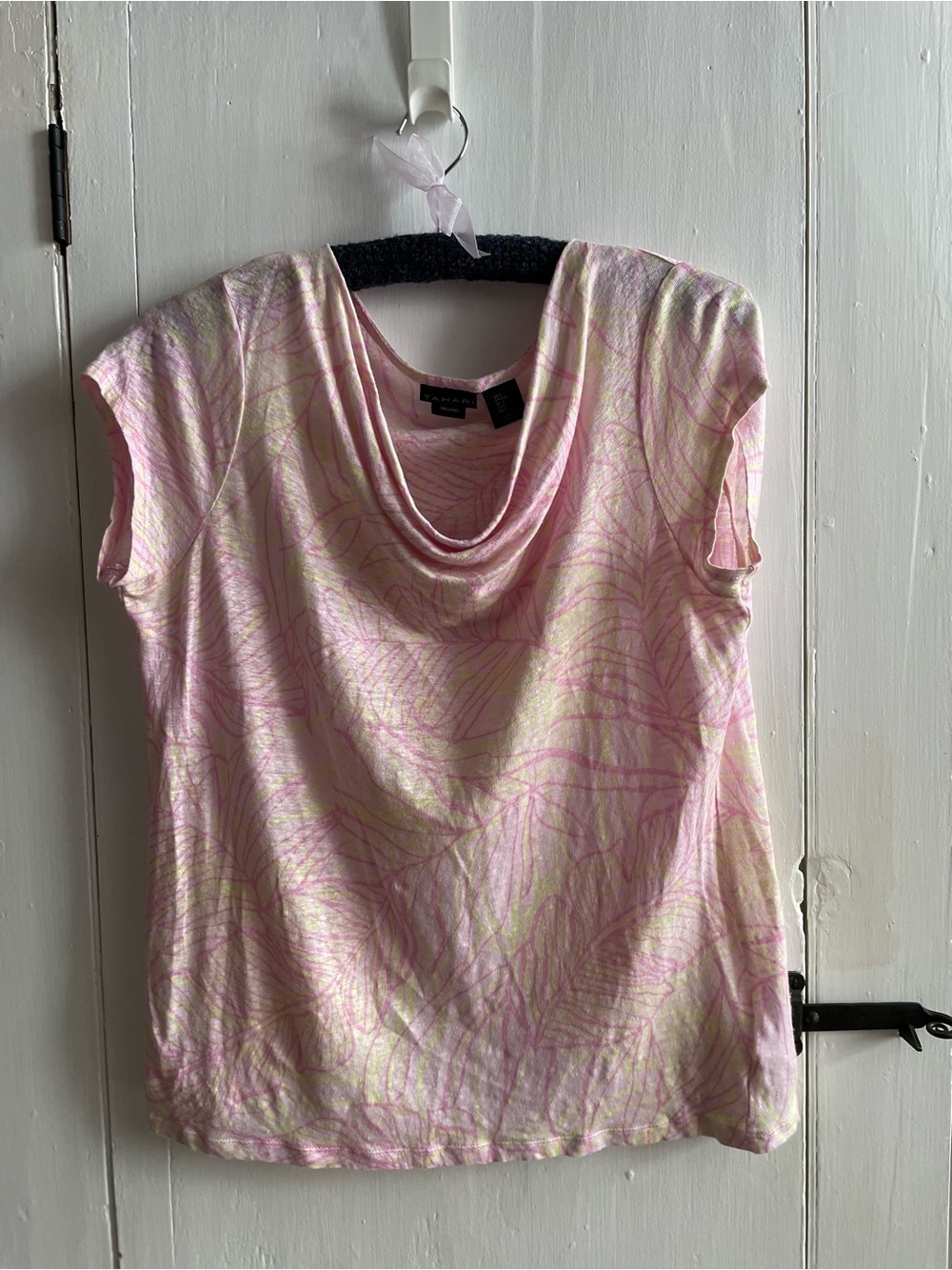 Tahari 100% Linen Pink & Yellow Abstract Tropical Cowl Neck Short Sleeve Top L